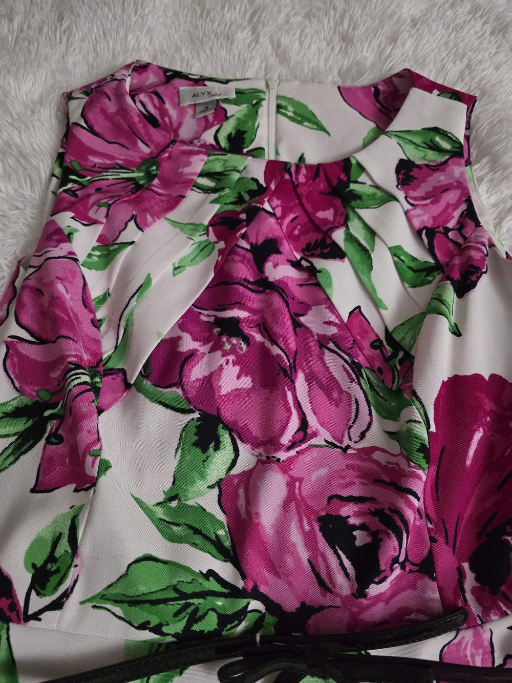 Bright Pink Floral Fit & Flare Dress with Black Belt - Picture 4 of 5